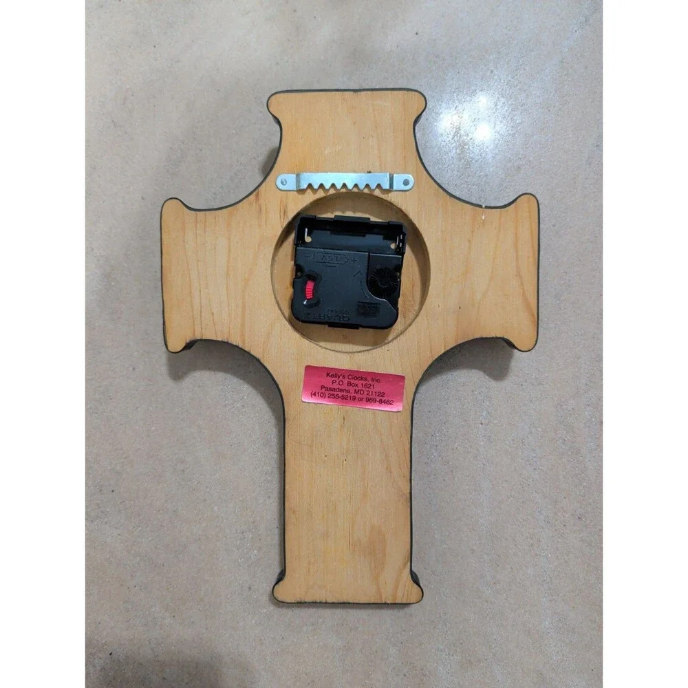 Vintage Religious Wood Cross Wall Clock Praying Hands Lacquered Plaque Works